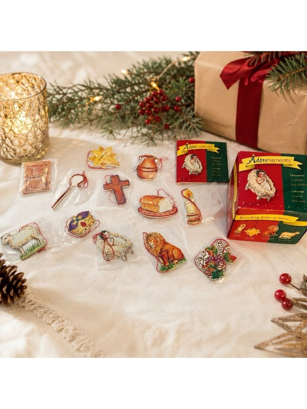 Vintage FamilyLife Adorenaments Christmas Hanging Ornament Devotional Set Jesus